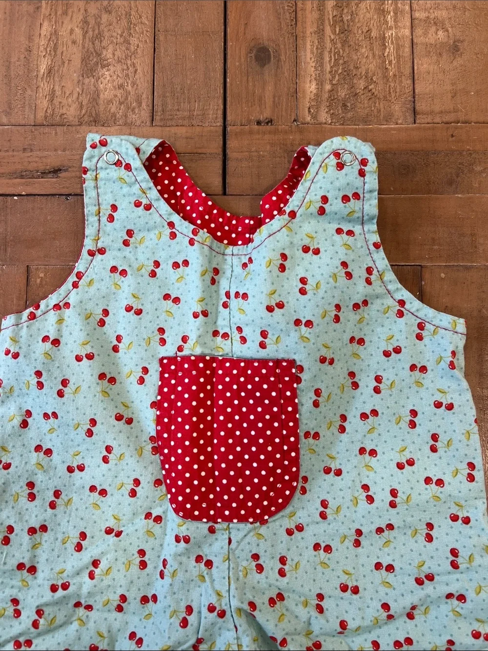 Boutique Aqua cherry print reversible red polka dot overalls 6-9 months